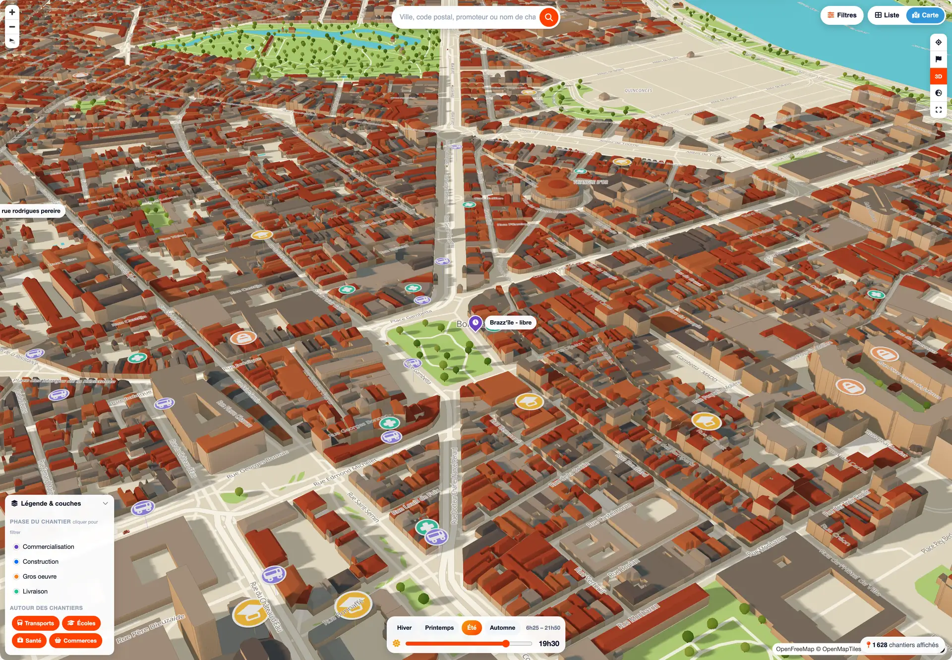 La carte 3D VefaConnect : le centre de Bordeaux en relief au soleil de 19 h 30, la Garonne, les chantiers en cours et le réglage d'ensoleillement